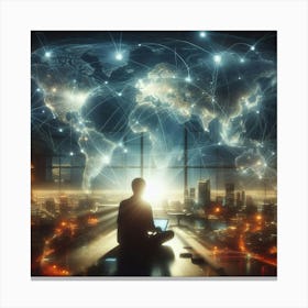 Man Sitting In Front Of World Map Canvas Print