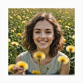 A Woman Interacts With Dandelions During The Day Looking At The Camera With A Warm Smile The Scene I 3544895349 Canvas Print