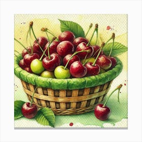 Watercolor's Basket Full Of Cherries 1 Canvas Print