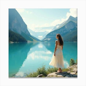 Beautiful Lady In A Watercolor Majestic Lake 1 Canvas Print