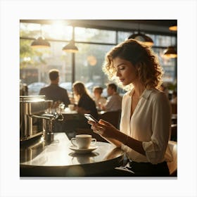 Modern Woman Engages With A Sleek Smartphone At A Bustling Coffee Shop Surrounded By The Hazy Glow Canvas Print