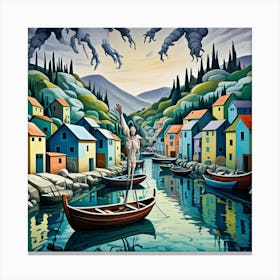 Medieval Fishing Village Cubism Style Canvas Print