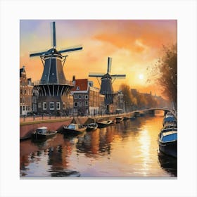 Sketching Amsterdam S Windmills At Sunset, Capturing The Essence Of Dutch Life Style Windmill Sunset Impressionism Art Print 3 Canvas Print