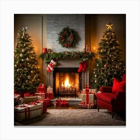 A Convivial Christmas Scene A Roaring Hearth Fireplace Illuminating The Room A Lush Evergreen Chri (2) Canvas Print