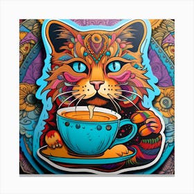 Cat With A Cup Of Tea Whimsical Psychedelic Bohemian Enlightenment Print 5 Canvas Print
