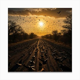 The Silent Flight of Birds at Dusk, with Shadows Stretched Across the Earth in the Golden Light Canvas Print