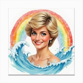 Smiling Princess Diana Framed In Delicate Watercolor Rainbow Waves 1 Canvas Print