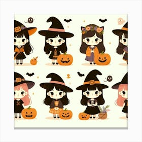 Cute Halloween Vintage Witches - Vector style Illustration Canvas Print