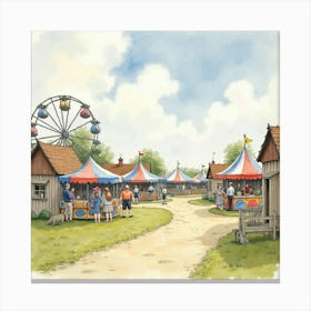 An English Village Fair With Rides And Game Stalls, Watercolor Scene 1 Canvas Print