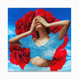 Art Rose Sky Model Collage Blue & Red Square Canvas Print
