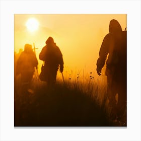 Silhouette Of Hikers At Sunrise Canvas Print