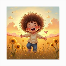 Toddler With Curly Hair Laughing In A Watercolor Sunset Field Canvas Print