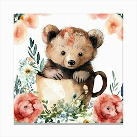 A Cute Bear Baby In Mug cute bear baby in mug ,flowers around, watercolor style Canvas Print