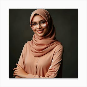 A photo of a young woman wearing a hijab and glasses, with a warm smile on her face, wearing a stylish outfit, and looking confident and successful, with a brown background Canvas Print