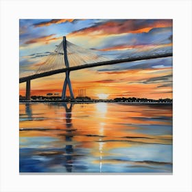 Sunset over the Arthur Ravenel Jr. Bridge in Charleston. Blue water and sunset reflections on the water. Oil colors.14 Canvas Print