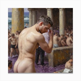 Nude Gay Male Pool Scene, Vincent Van Gogh Style Canvas Print