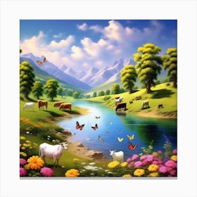 Landscape With Cows And Butterflies Canvas Print