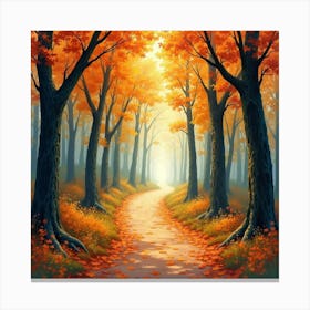 Autumn Walk Through An Ancient Forest, Watercolor With Rich Foliage 1 Canvas Print