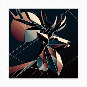 "Geometric Majesty: The Stag" - This artwork is a modern geometric interpretation of nature's nobility, showcasing a stag in a complex interplay of shapes and shadows. Its sharp lines and rich, contrasting colors of copper, blue, and cream create a dynamic visual experience. This piece conveys strength and elegance, making it an ideal choice for sophisticated interiors. The abstract design appeals to those with a taste for minimalism and the abstract, and it serves as a striking conversational piece. It's a celebration of wildlife through the lens of contemporary art, perfect for adding a touch of modernity and grace to any room. Canvas Print