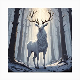 A White Stag In A Fog Forest In Minimalist Style Square Composition 52 Canvas Print