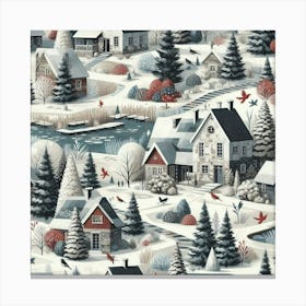 Winter Village And A Lake Canvas Print