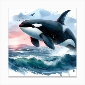Sea Whale Orca In Motion, Sea Orca Watercolour Art Print 3 Canvas Print