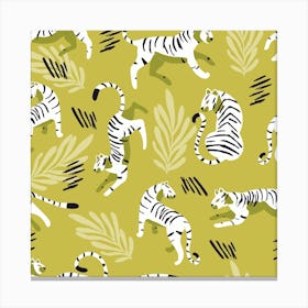 White Tiger Pattern On Light Green Square Canvas Print