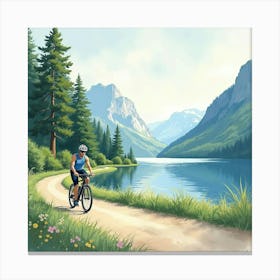 Road Bike Alongside A Shimmering Lake Watercolor Painting 1 Canvas Print