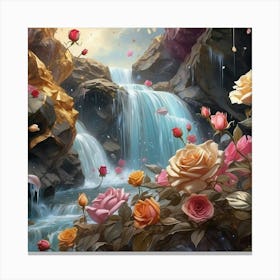 Waterfall With Roses 3 Canvas Print