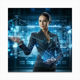 Cybernetic Advocate A Businesswoman Encapsulated In A Futuristic Suit Her Hand Garnished With Hol (1) Canvas Print