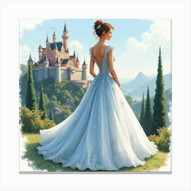 Glamorous Dress Watercolor, Set Against A Magical Castle View 1 Canvas Print