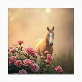 Horse In A Field Of Roses Canvas Print