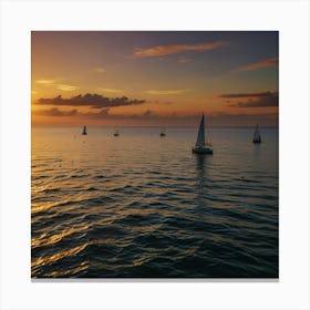 A Vibrant Sunset Over A Calm Ocean With Sailboats On The Horizon Canvas Print