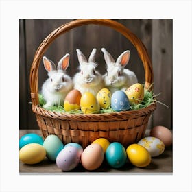 Photo of three Easter bunnies in a basket with grass, with dyed eggs scattered around, on a brown wooden background Canvas Print