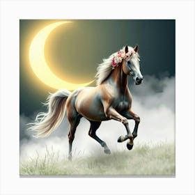 Mystical Horse With A Floral Mane Galloping Under A Glowing Crescent Moon In A Misty Meadow 1 Canvas Print