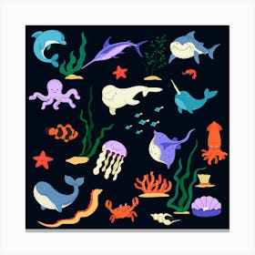 Underwater Sea World Characters Fauna And Flora Canvas Print