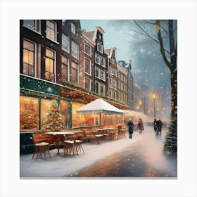 Amsterdam cafes, winter season, Christmas, pale colors, pedestrians in the street, winter clothes, falling snow.12 Canvas Print