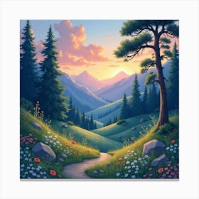 Watercolor Twilight Over An Enchanted Valley 1 Canvas Print