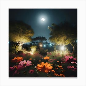 A Picture Of A Garden With Flowers Blooming At Night Under The Moon With The Camera Pointed Low Towards The Ground 2 Canvas Print