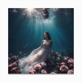 Tyndall Effect, A Beautiful Gregnent Women Lies Underwater In Front Of Pale Purpur Roses, Dress, Sun Canvas Print