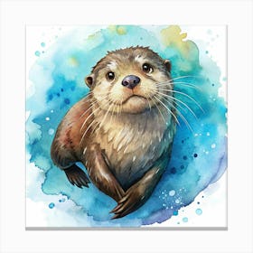 Watercolor Illustration Of A Cute Otter In A Blue Water Background Canvas Print