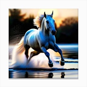 White Horse Running In Water 6 Canvas Print
