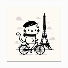 Cat in the City: A Simple and Cozy Illustration of a Cat Wearing a Beret and a Scarf in Front of the Eiffel Tower Canvas Print