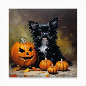 Black Cat With Pumpkins Canvas Print