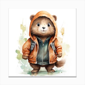 Watercolour Cartoon Beaver In A Hoodie 1 Canvas Print