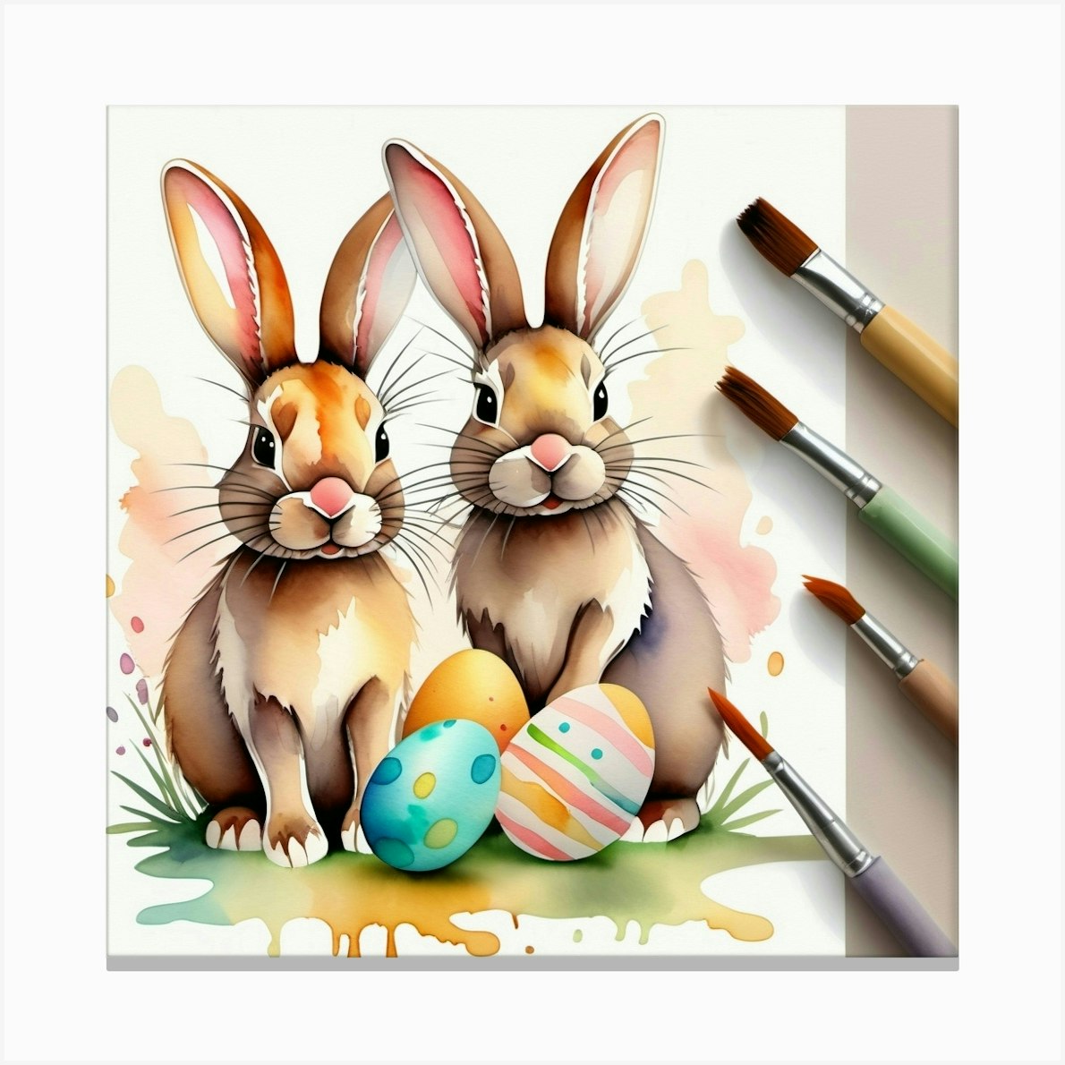 Flatlay Of A Picture With Two Easter Bunnies And Dyed Eggs In A Watercolor Painting Style, With Brushes Lienzo