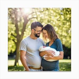 Happy Couple Holding Baby In Park Canvas Print