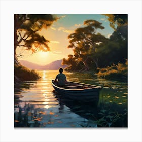 Man In Old Boat Relaxing In Big Lake Sun Going Down On Hirision Pale Blue Water Olive Green Trees Canvas Print