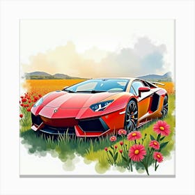 Watercolor Lamborghini Aventador Near A Vibrant Flower Field 1 1 Canvas Print