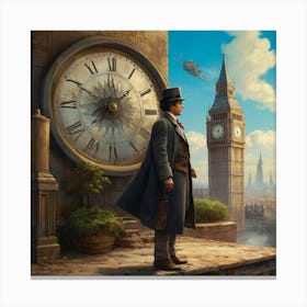 Man Standing In Front Of A Clock Canvas Print